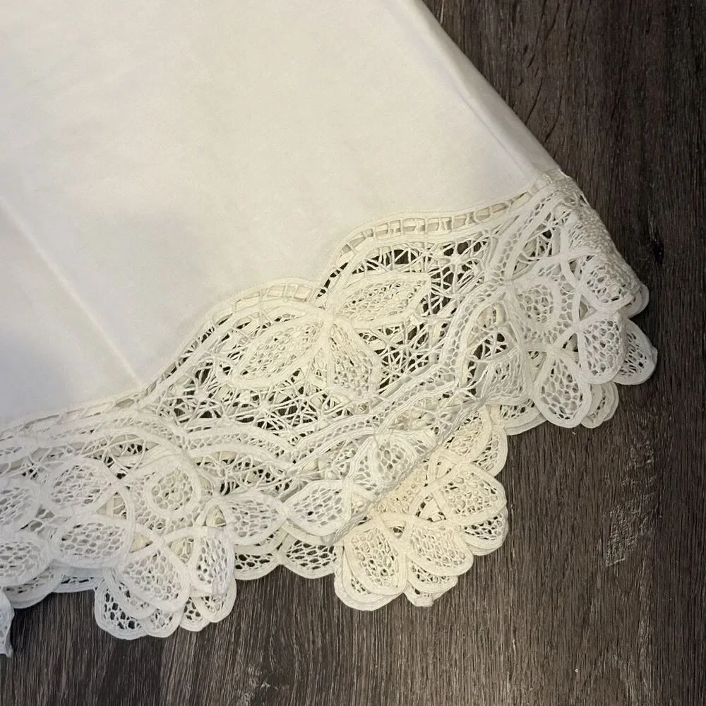 White Battenburg Lace Tablecloth From Fortunoff Round 64” Diameter New W/ Defect
